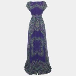 Pre Owned فستان ماكسي إيترو شيفون متجعد بطبعة بيزلي أزرق مقاس صغير - سمول