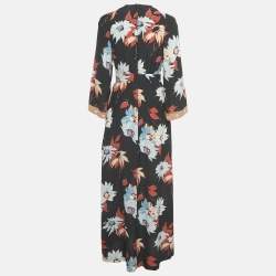 Pre Owned فستان إيترو بحافة مزينة بطباعة أزهار حرير أسود مقاس صغير