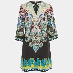 Pre Owned Etro Black/Green Paisley Print Silk Shift Dress M