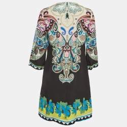 Pre Owned فستان قصير إيترو حرير بطبعة بيزلي أسود/أخضر مقاس متوسط