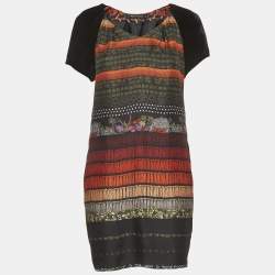 Pre Owned Etro Black Abstract Print Silk Blend and Velvet Mini Dress M