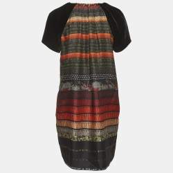 Pre Owned Etro Black Abstract Print Silk Blend and Velvet Mini Dress M