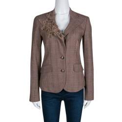 Pre Owned Etro Multicolor Houndstooth Plaid Floral Applique Detail Wool Blazer M
