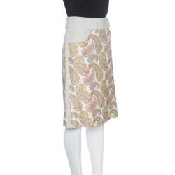 Pre Owned Etro Beige Linen Silk Paisley Printed Skirt M