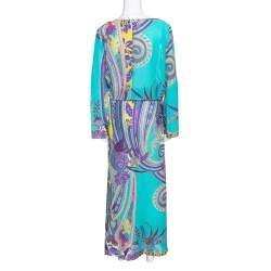 مملوكة مسبقًا فستان قفطان إيترو مزين رباط خصر حرير و قطن مطبوع متعدد الألوان مقاس وسط (ميد�يوم)