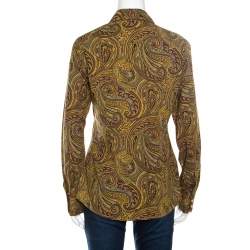 مملوكة مسبقًا Etro Yellow Paisley Printed Cotton Contrast Trim Detail Long Sleeve Blouse M