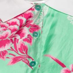 Etro Mint Green and Pink Floral Printed Silk Polo T-Shirt M