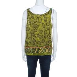 Etro Lime Green Snakeskin Print Silk Embellished Sleeveless Top L