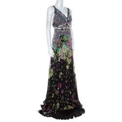 Pre Owned فستان إيترو مطبوع متعدد الألوان رقبة حرف V طويل L