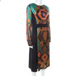 Pre Owned فستان ايترو مطبوع أكمام طويلة ساتان و كريب أسود و متعدد الألوان M