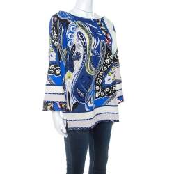 Pre Owned Etro Blue Printed Wool Crepe Top L