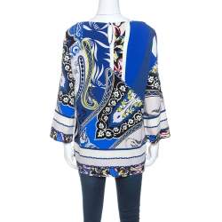 Pre Owned Etro Blue Printed Wool Crepe Top L