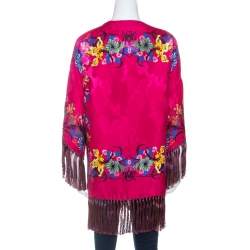 Pre Owned Etro Pink Floral Print Crepe Fringe Trim Kimono One Size