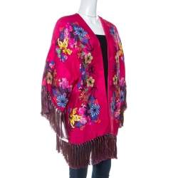 Pre Owned Etro Pink Floral Print Crepe Fringe Trim Kimono One Size