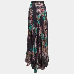 Pre Owned Etro Black Floral Printed Crinkled Silk Maxi Skirt M