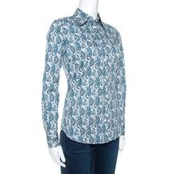 مملوكة مسبقًا قميص إيترو قطن مطاطي أزرق بطباعة بيزلي أزرق مقاس صغير (سمول)