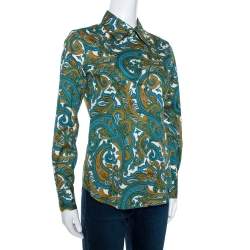 Pre Owned Etro Green & Blue Paisley Print Stretch Cotton Shirt S