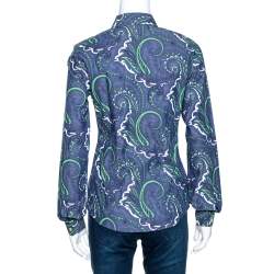 Pre Owned Etro Blue Paisley Print Stretch Cotton Chambray Shirt S