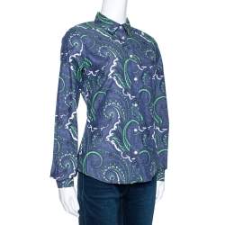 Pre Owned Etro Blue Paisley Print Stretch Cotton Chambray Shirt S