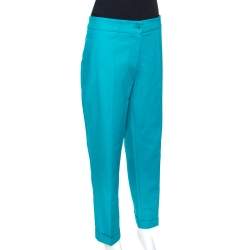 Pre Owned Etro Jade Green Stretch Cotton Cuffed Hem Tailored Trousers L