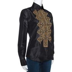 مملوكة مسبقًا قميص إيترو حرير أسود مطرز يدويًا ومزين مقاس متوسط - ميديوم