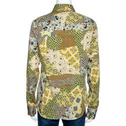 Etro Yellow Stretch Cotton Multi Print Button Front Shirt L