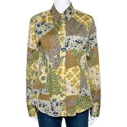 Etro Yellow Stretch Cotton Multi Print Button Front Shirt L