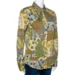 Etro Yellow Stretch Cotton Multi Print Button Front Shirt L