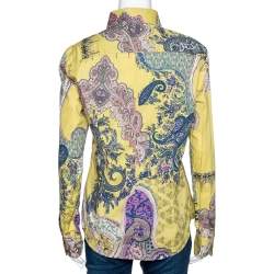 Pre Owned Etro Yellow Paisley Printed Stretch Cotton Button Front Shirt L