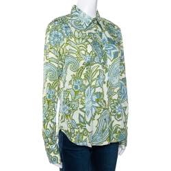 Pre Owned Etro Blue & Green Paisley Printed Stretch Cotton Button Front Shirt L