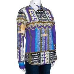 Pre Owned Etro Purple Tribal Paisley Printed Stretch Cotton Button Front Shirt L