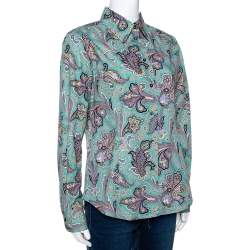 Pre Owned Etro Jade Green Floral Paisley Print Stretch Cotton Long Sleeve Shirt L