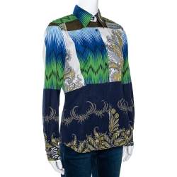 Pre Owned Etro Navy Blue Ikat Paisley Print Stretch Cotton Shirt M