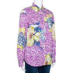 Etro Purple Floral Print Stretch Cotton Long Sleeve Shirt L