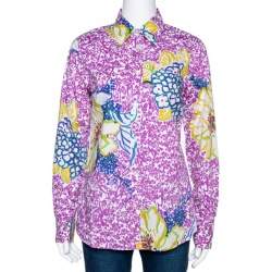 Etro Purple Floral Print Stretch Cotton Long Sleeve Shirt L
