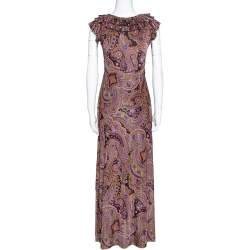 Pre Owned Etro Olive Green Paisley Print Stretch Jersey Ruffled Maxi Dress S