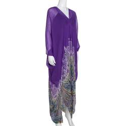 Pre Owned Etro Purple Paisley Border Printed Sheer Silk Maxi Kaftan ( One Size )
