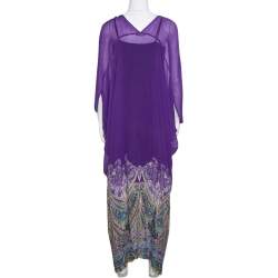 Pre Owned Etro Purple Paisley Border Printed Sheer Silk Maxi Kaftan ( One Size )