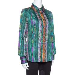 Etro Green Printed Stretch Cotton Long Sleeve Shirt L