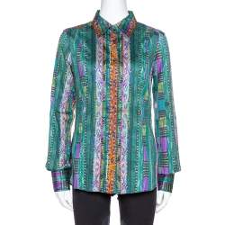 Etro Green Printed Stretch Cotton Long Sleeve Shirt L