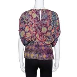Pre Owned Etro Purple Leaf Print Silk Chiffon Peplum Blouse S