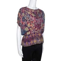 Pre Owned Etro Purple Leaf Print Silk Chiffon Peplum Blouse S