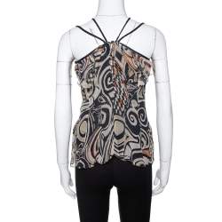 مملوكة مسبقًا توب إيترو مقلم منفوش رقبة حمالات منفوش حرير مطبوع أسود مقاس وسط (ميديوم)