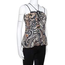 مملوكة مسبقًا توب إيترو مقلم منفوش رقبة حمالات منفوش حرير مطبوع أسود مقاس وسط (ميديوم)