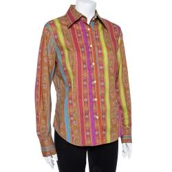 Pre Owned Etro Orange Cotton Floral Striped Button Front Shirt L