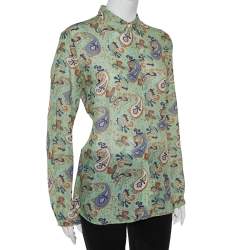 Pre Owned Etro Green Ramie Paisley Print Button Front Shirt L