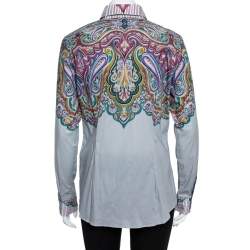 Pre Owned Etro Grey Cotton Half Print Half Plain Full Sleeve Shirt L