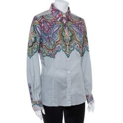 Pre Owned Etro Grey Cotton Half Print Half Plain Full Sleeve Shirt L
