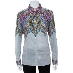 Pre Owned Etro Grey Cotton Half Print Half Plain Full Sleeve Shirt L