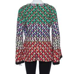 Etro Multicolor Knit  Abstract Print Embellished Plunge Neck Detail Top L